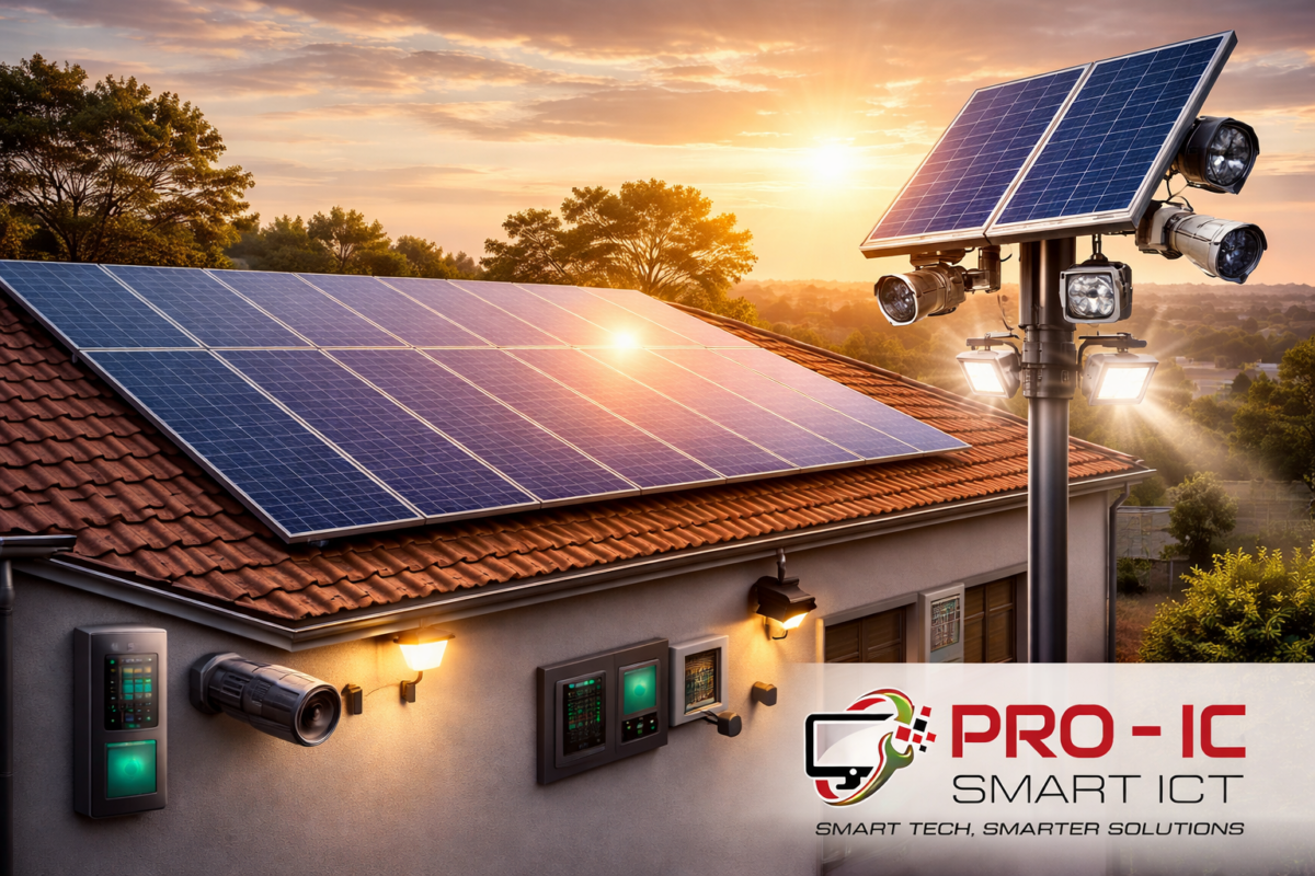 Solar-powered security at sunset